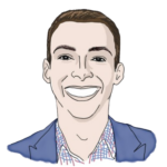 An illustration of Jeremy Weprich. He has light skin, short brown hair, and is wearing a checkered collared shirt under a blue blazer.